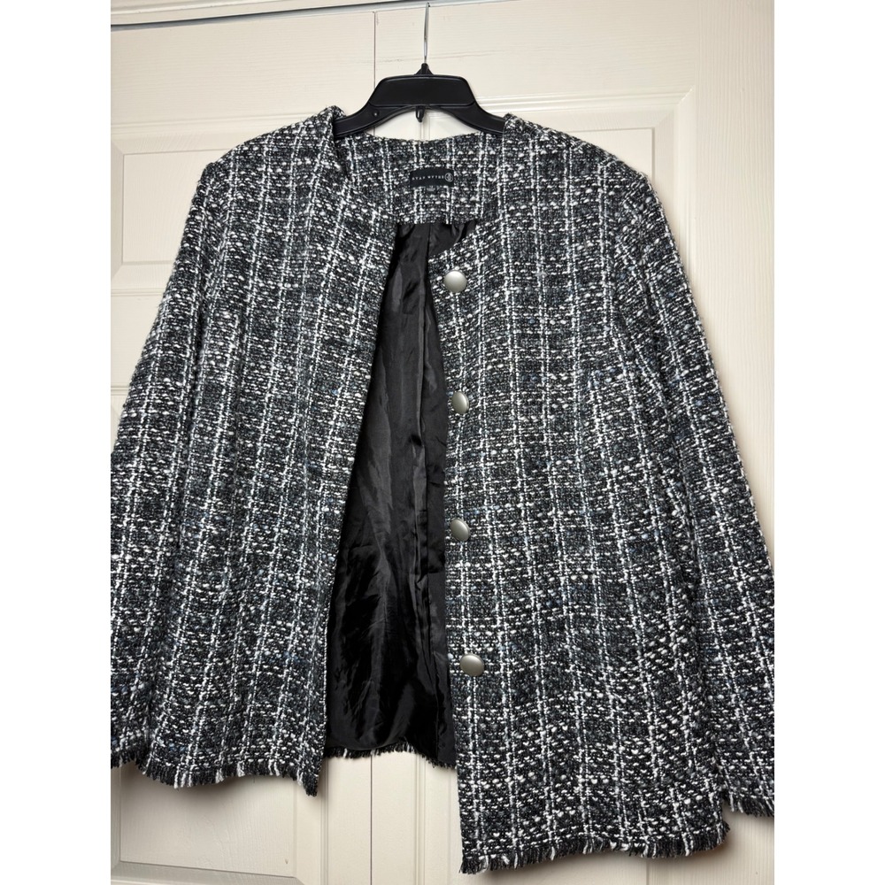 Ryan Wythe Women Black White Tweed Plaid Button Front‎ Collarless Jacket Size 12